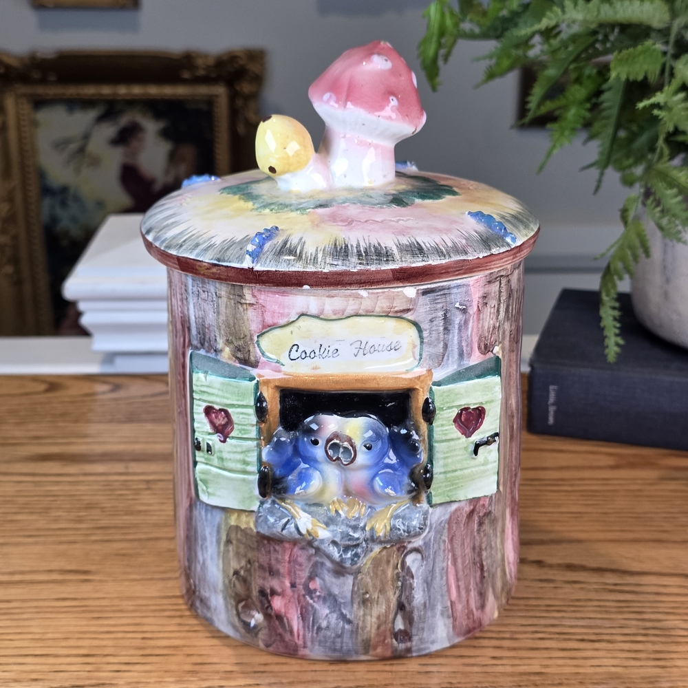 Vintage Cookie House Jar Mushroom Lid Blue Birds Kitsch Metlox Poppytrail - Picture 2 of 16